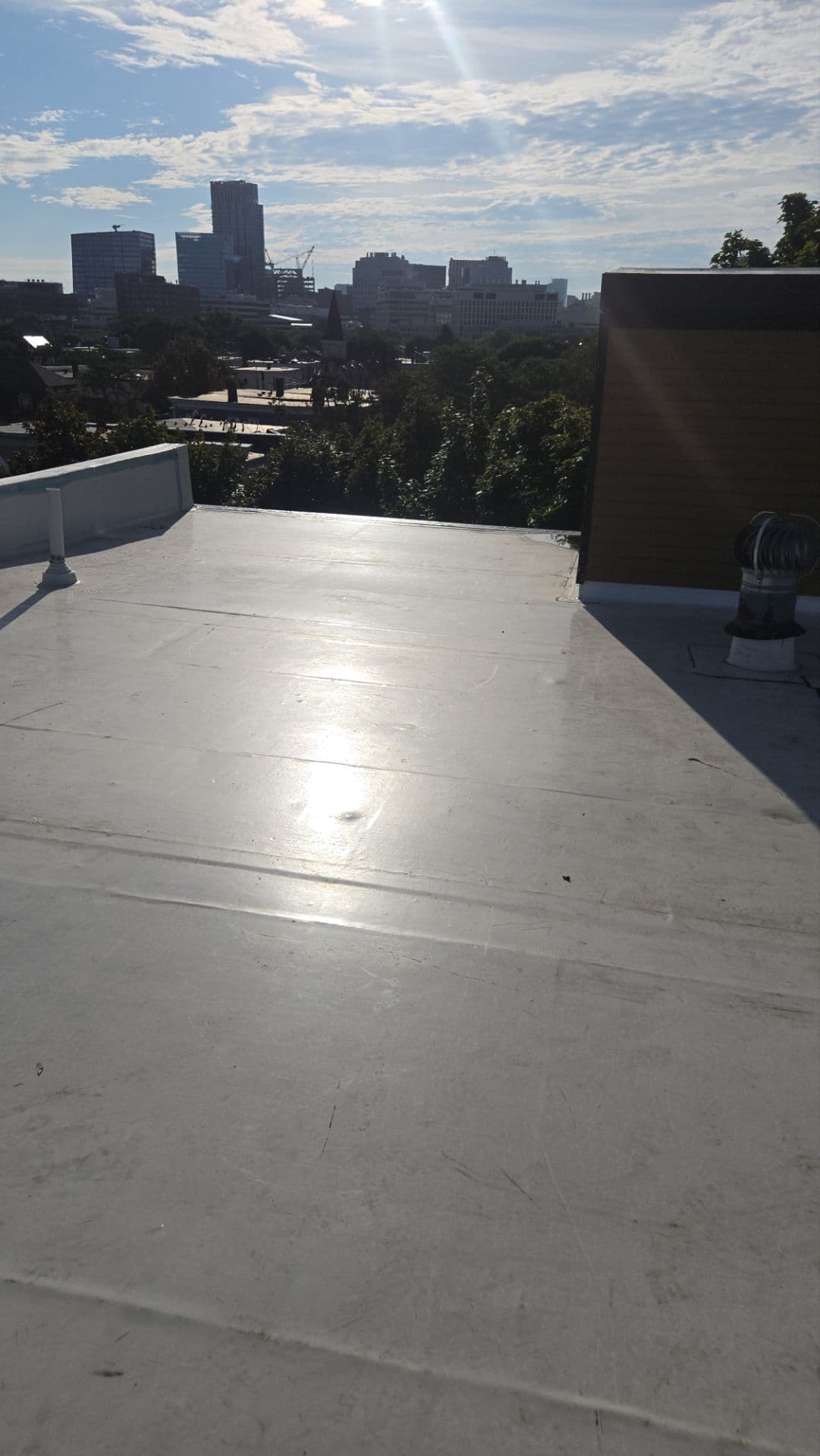 Membrane roof field and raised perimeter with the Cambridge skyline beyond