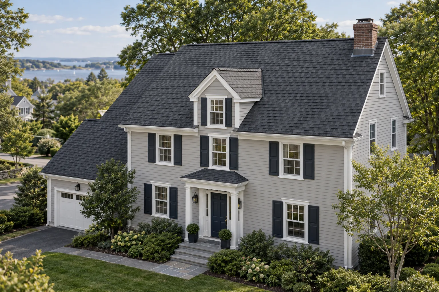 Conceptual New England home with a charcoal asphalt shingle roof